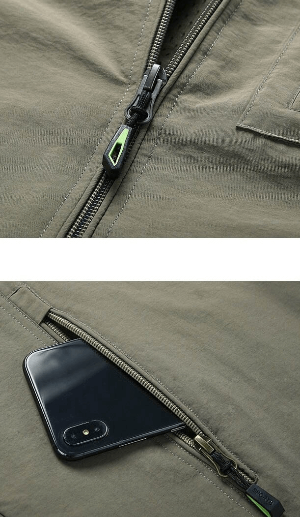 Close-up of men's casual stand collar zipper travel vest with phone in pocket, showcasing zipper details and practical design.
